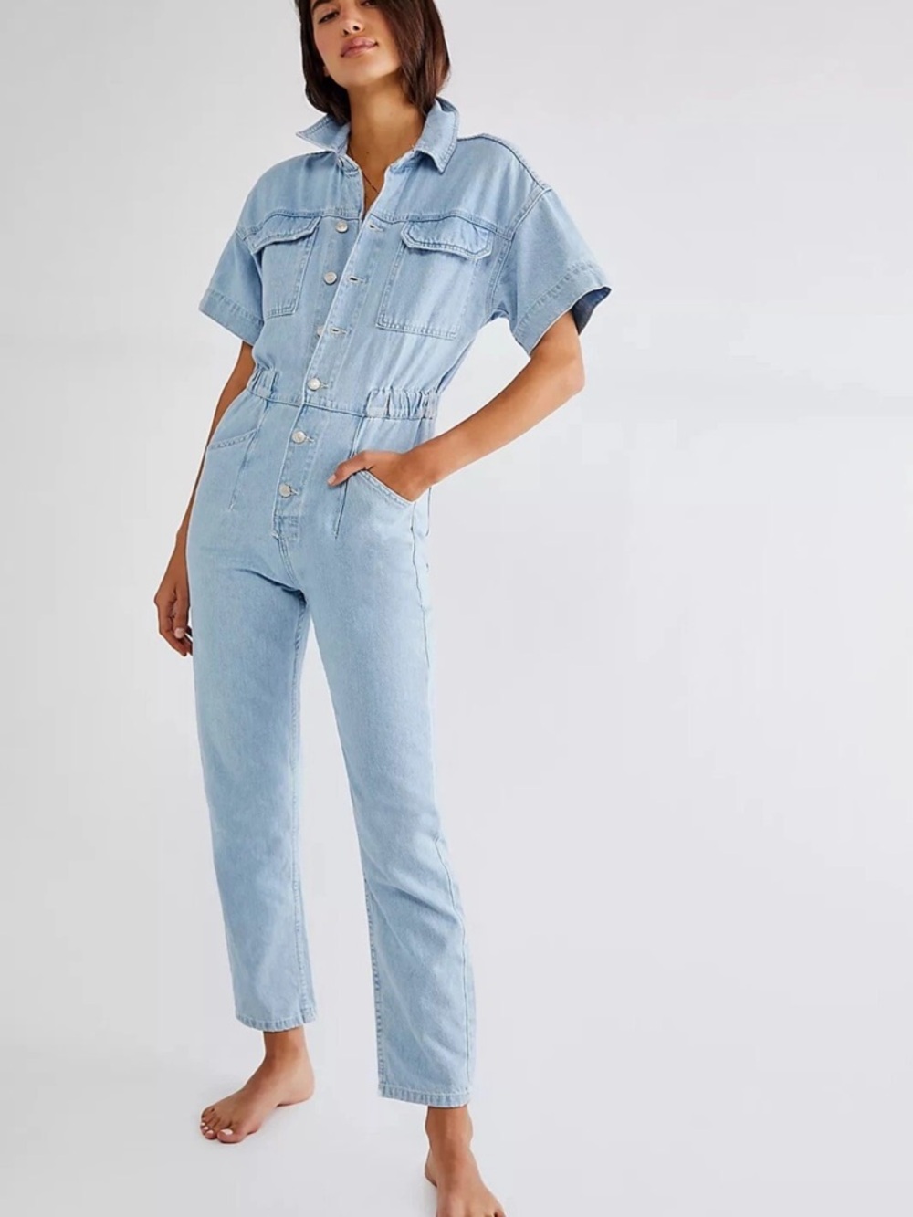 Free People Marci Blue Denim Coverall Jumpsuit